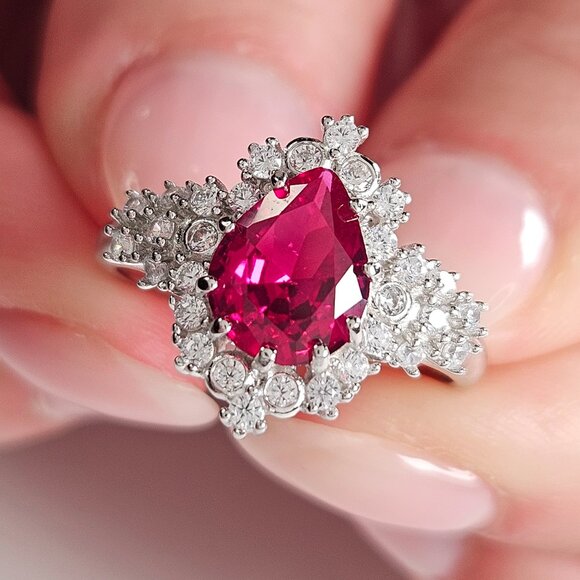 Fancy Pear Red Ruby Gemstone Ring - 925 Sterling Silver Charmed Aroma - Picture 1 of 5